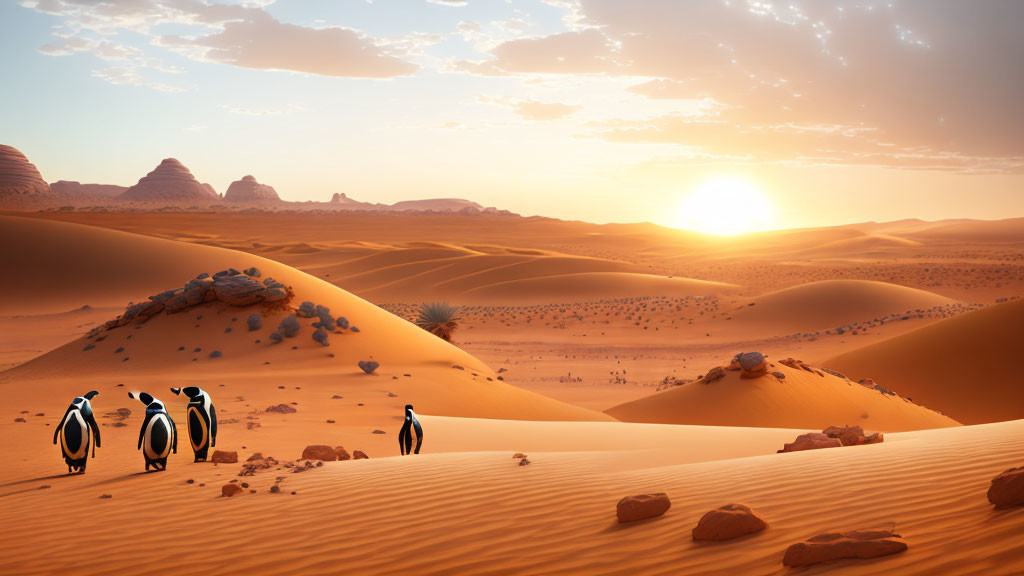 Penguins in desert sunset with golden sand dunes