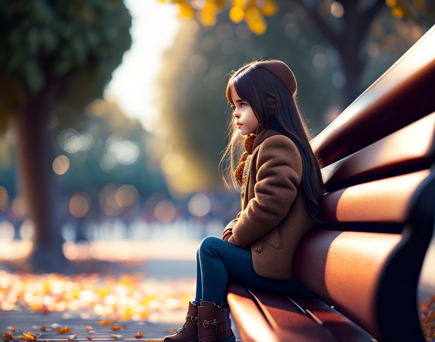 Young girl sitting on park bench surrounded by falling autumn leaves in golden sunlight