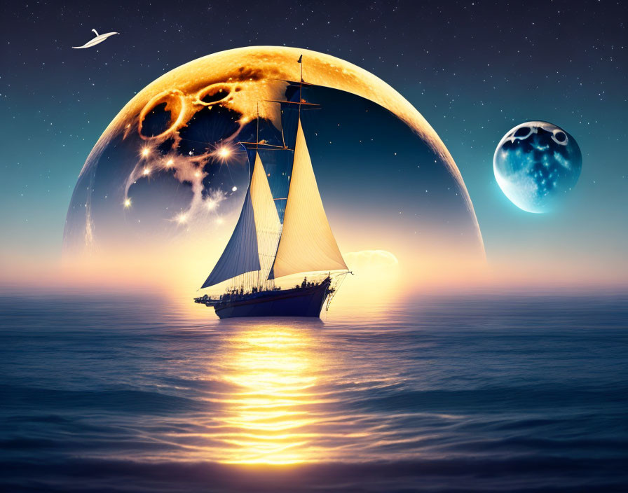 Sailboat on calm seas at sunset with moon, planet, and bird