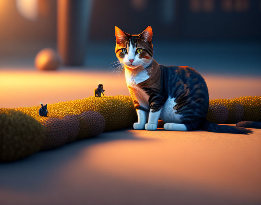 Cat, tiny horse, bird, and cushion beads on pavement in evening light