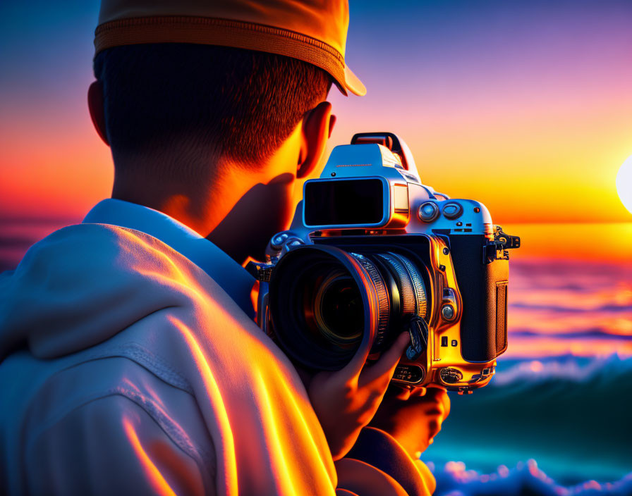 Photograph of person capturing vibrant sunset over tranquil ocean