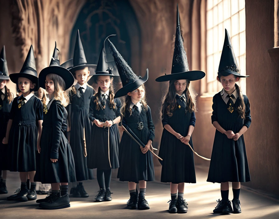 Children in black witch costumes with pointy hats and wands in dimly lit gothic hall