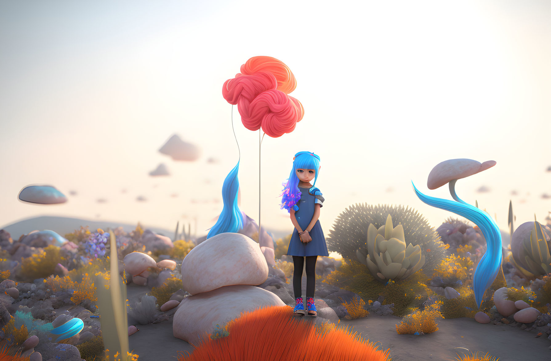 Blue-haired girl with pink balloon in mystical landscape