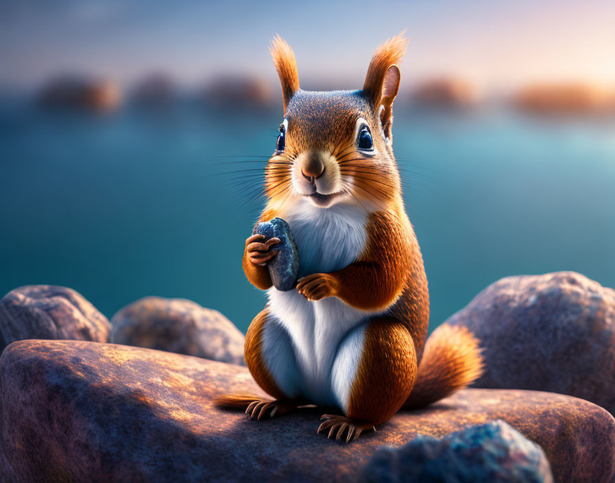 Animated squirrel with nut by peaceful lake at sunset