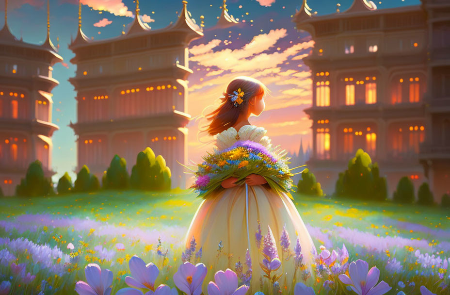 Girl in flowing dress holds wreath, mystical castle at vibrant sunset