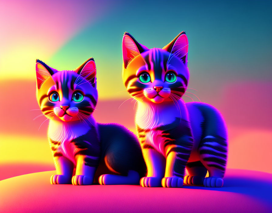 Vibrant neon-lit digital art: Cats with glowing stripes on colorful background