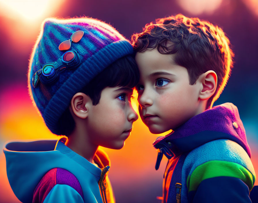 Young children in colorful knitted hat close-up against vibrant bokeh background