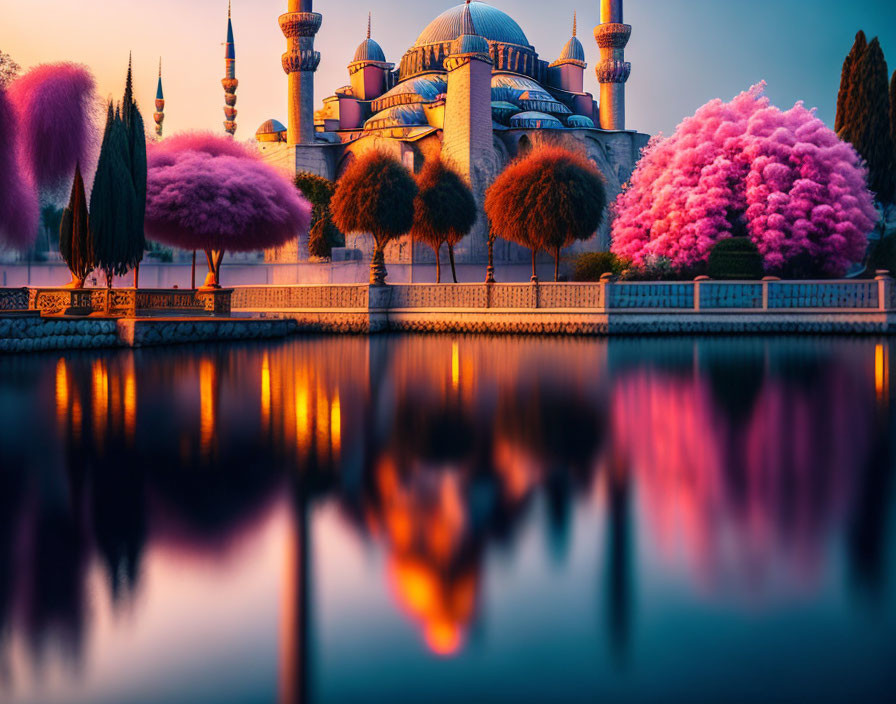 Mosque reflection in water with pink trees at dusk