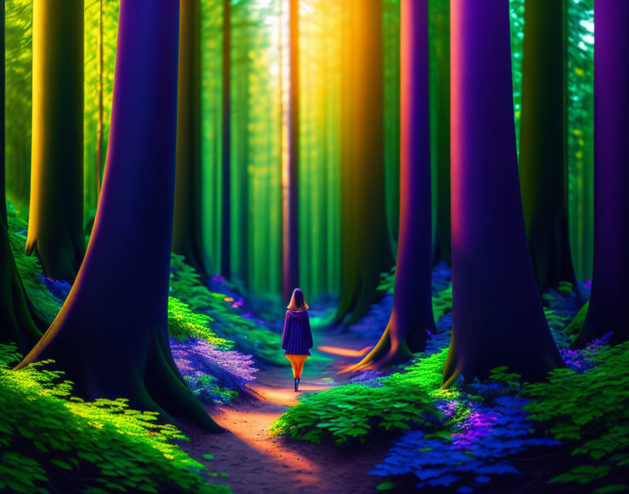 Forest Path with Towering Trees and Sunlight Glow