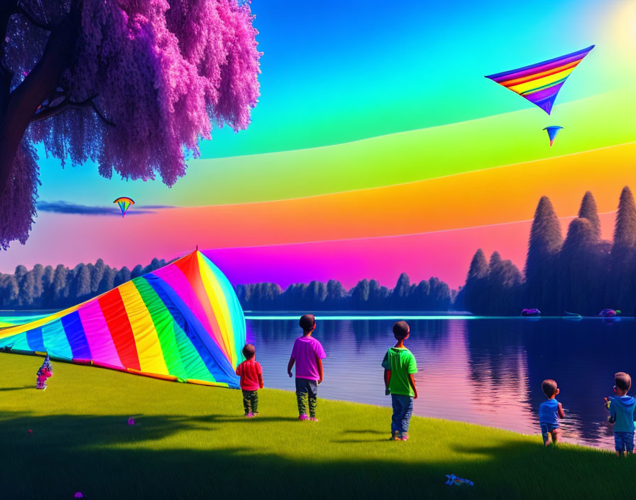 Vibrant sunset scene: Kids playing with colorful kites by lakeside