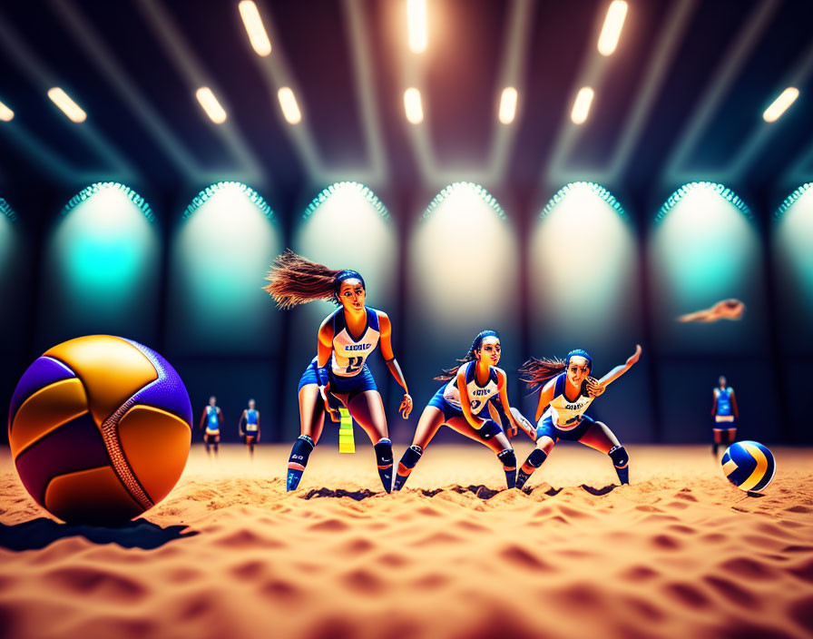 Dynamic lighting enhances three female volleyball players diving in indoor court