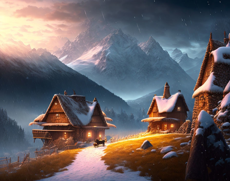 Winter scene: Snow-covered cottages, horse-drawn carriage, mountains, and starlit sky.