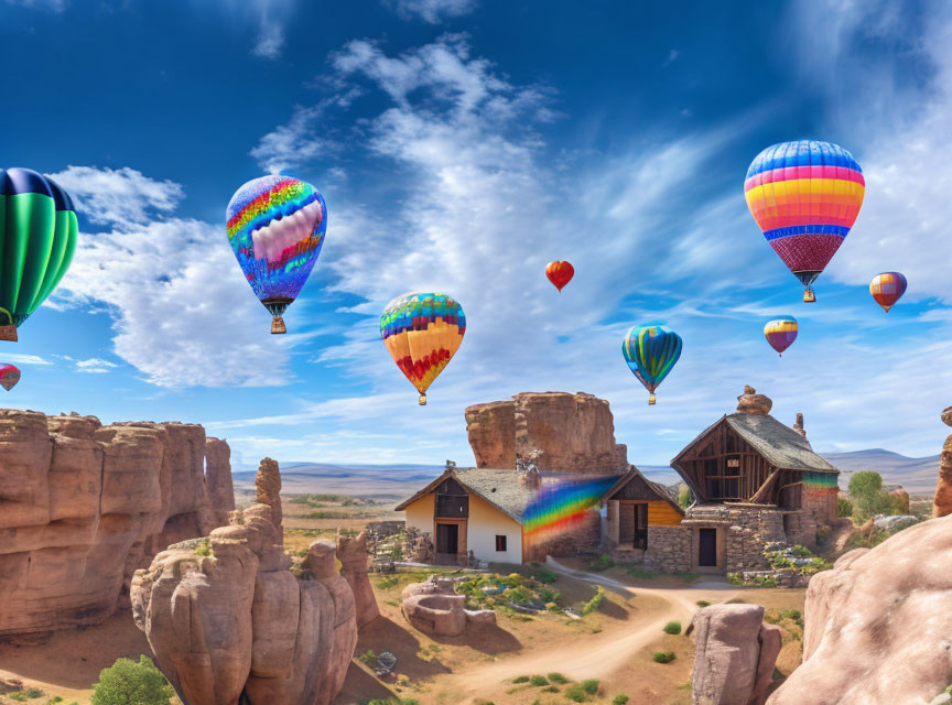 Vibrant hot air balloons over rustic house and rock formations