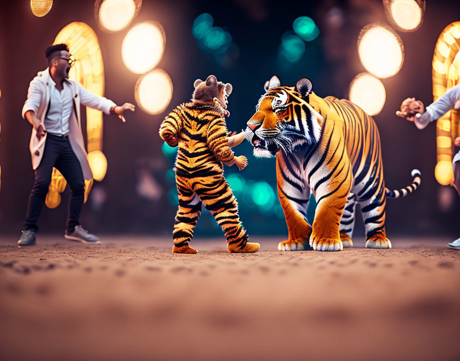 Child and person in tiger costumes mirror each other in dance scene.