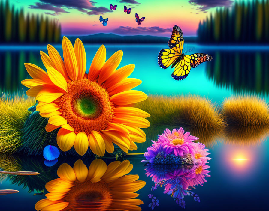 Colorful lakeside digital art with sunflowers, butterflies, and serene sunset reflection