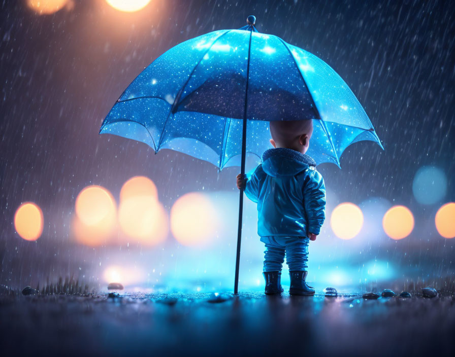 Child under blue umbrella in rain under distant lights