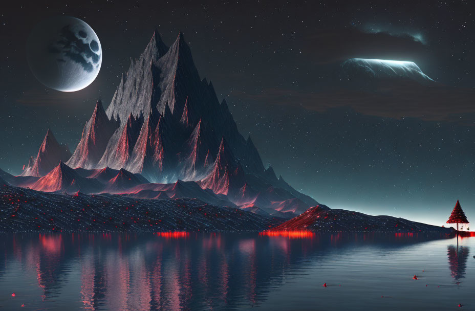 Luminous full moon over jagged mountains and shooting star in serene nightscape.