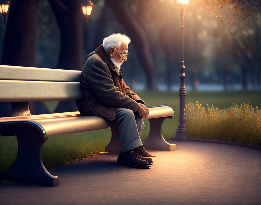 Elderly man contemplating on park bench at dusk