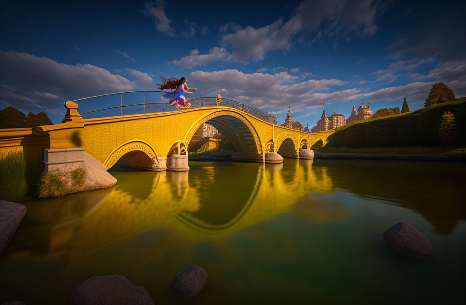 Woman in flowing dress on ornate yellow bridge over serene river