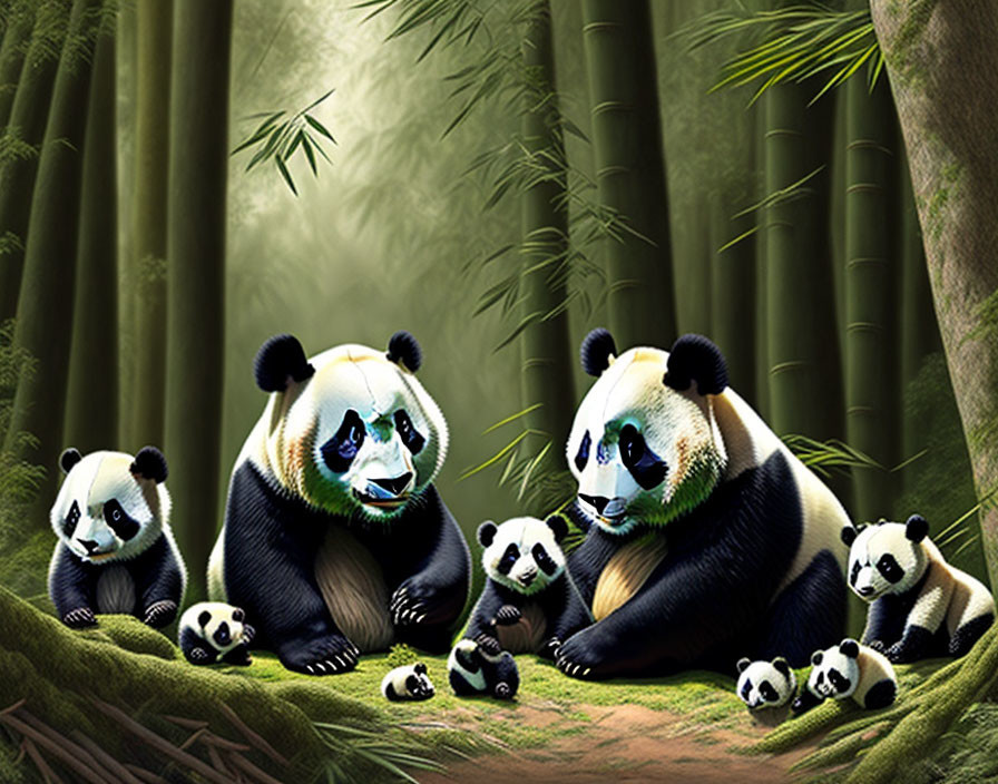 Adult Pandas and Cubs in Bamboo Forest with Misty Backdrop