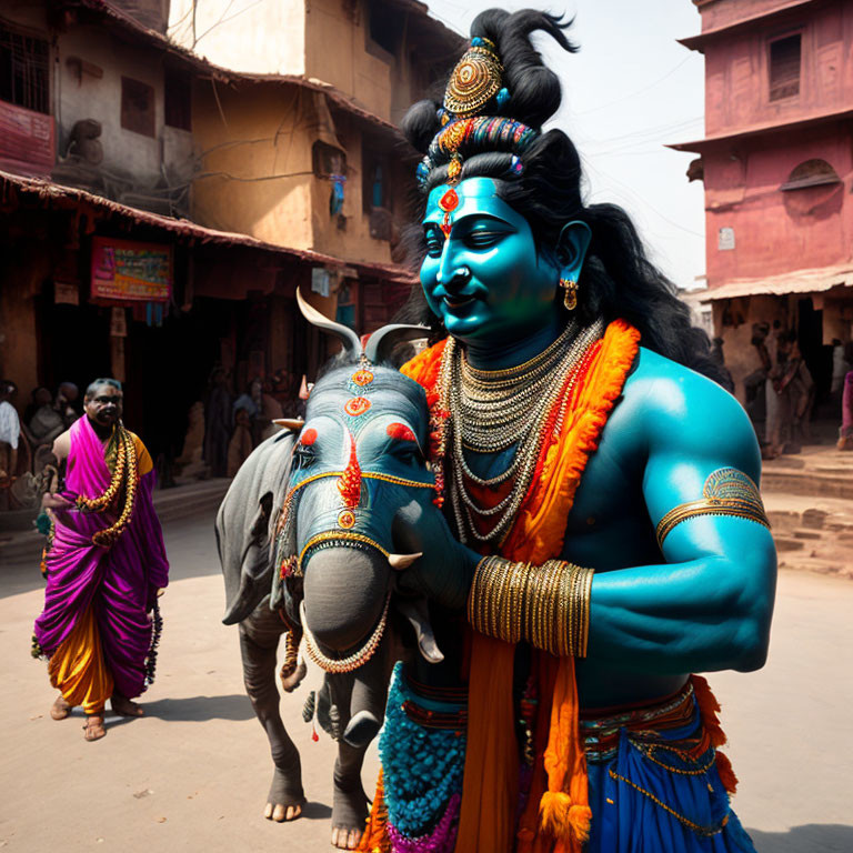 Blue-painted person as Hindu deity with bull in bustling street