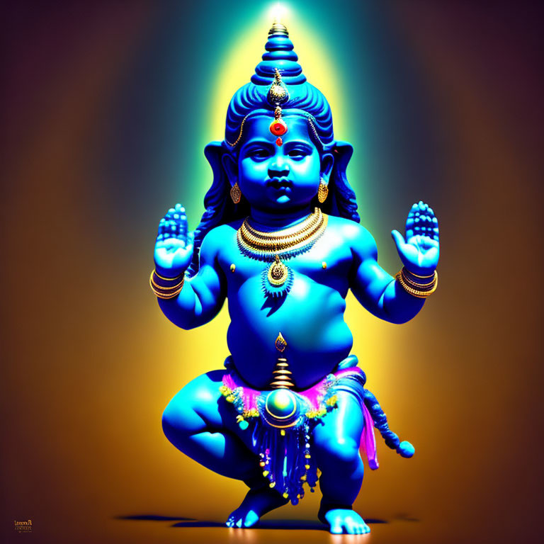 Blue-skinned figure with four arms in traditional attire on warm gradient background