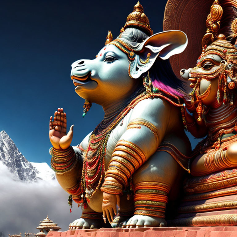 Colorful Hindu deity sculpture with bovine head and jewelry against mountain backdrop