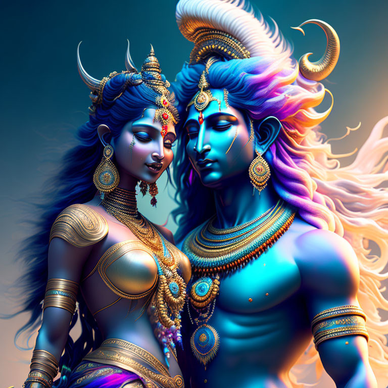 Blue-skinned male and female mythological figures in ornate attire against gradient backdrop