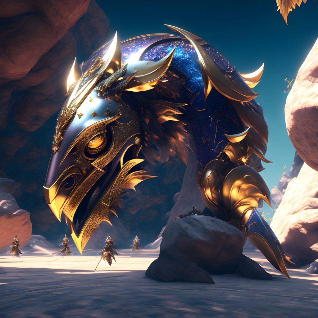 Golden Armored Dragon Head with Cosmic Patterns on Blue Sky and Rocky Terrain