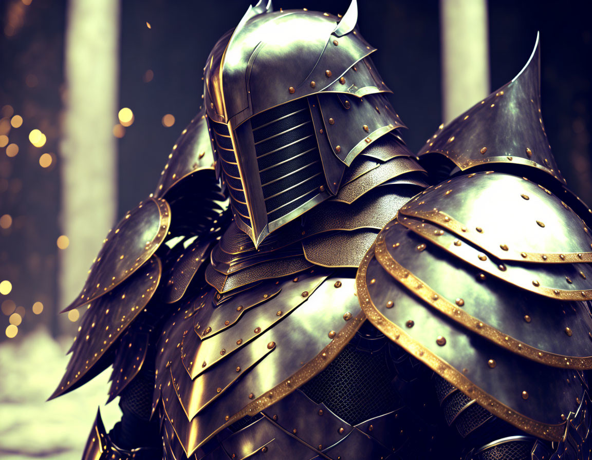 Detailed close-up of medieval knight in ornate armor in dimly lit setting