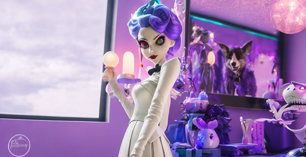 Purple-haired animated character with green eyes holding a candle in a room with fantastical creatures and purple accents