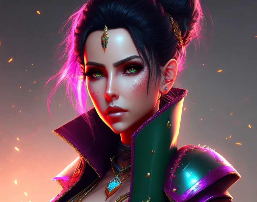 Vibrant digital portrait of a woman in fantasy armor with neon colors