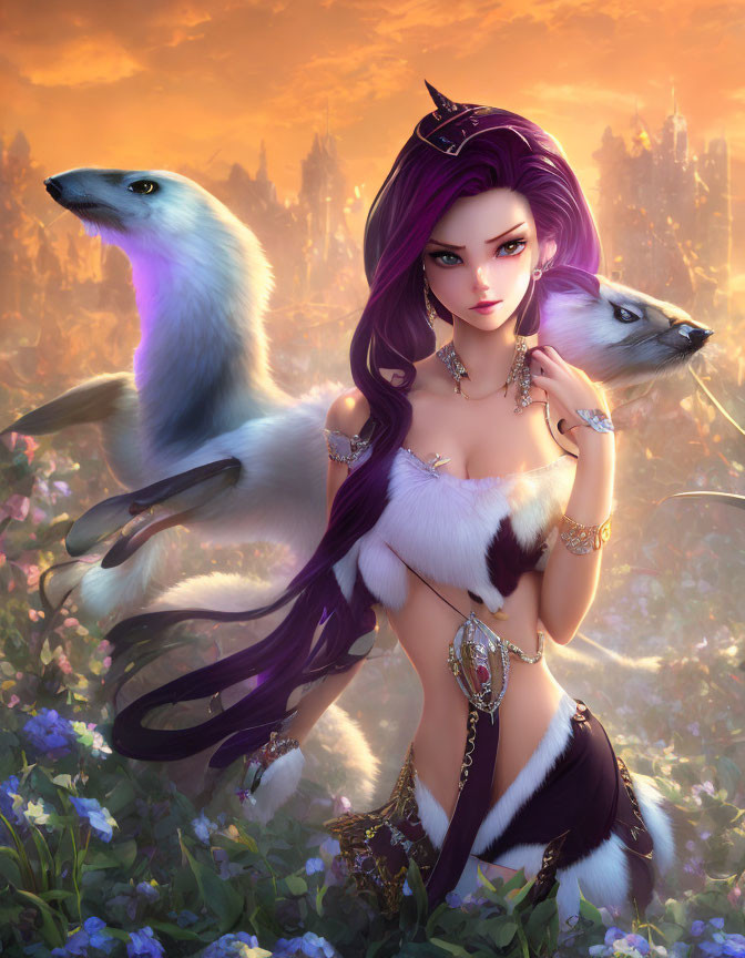 Fantasy illustration of purple-haired woman with crown and mystical weasels in golden floral landscape