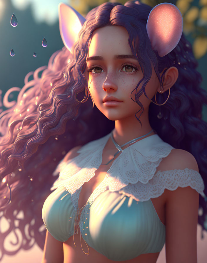 Digital artwork of female character with cat-like ears and curly hair in lacy top, set against golden