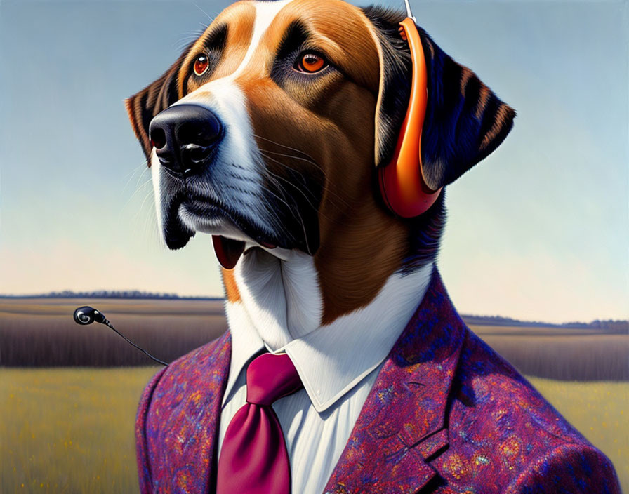 Stylized painting of a dog in suit and headphones