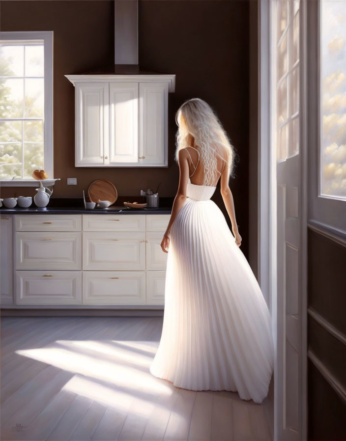 Woman in white gown standing in sunlit kitchen with sunlight patterns.