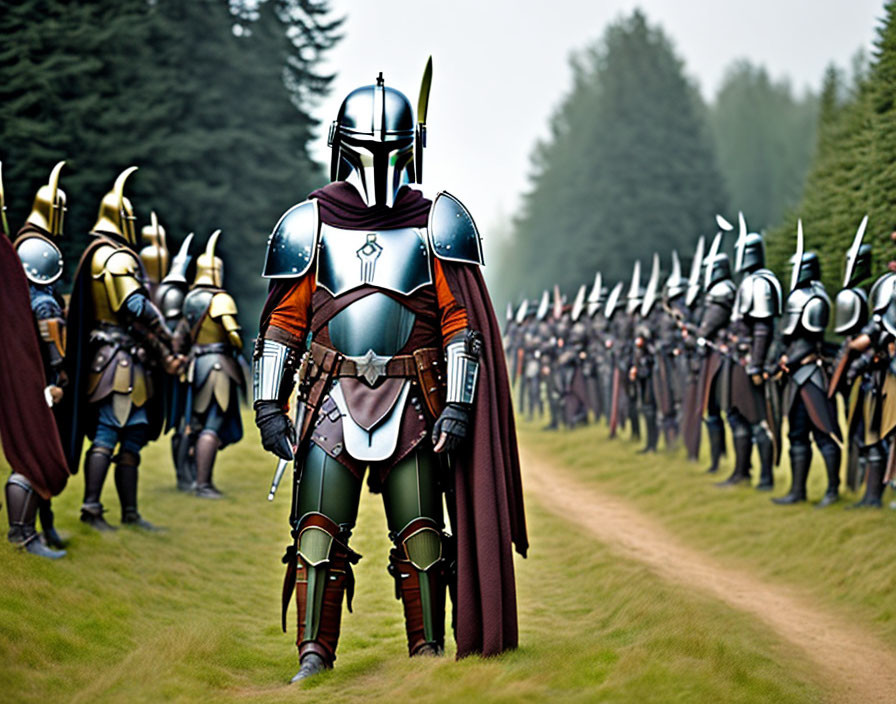 Armored figures in Mandalorian armor in wooded setting