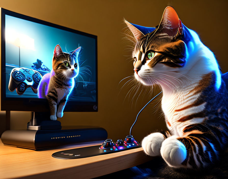 Domestic cat watching video game character on monitor with controller in warm room