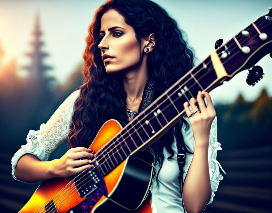 Curly-haired woman with acoustic guitar at sunset in bohemian attire