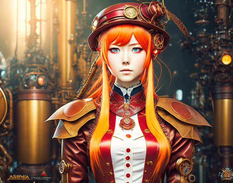 Character with Orange Hair in Steampunk Attire on Machinery Backdrop