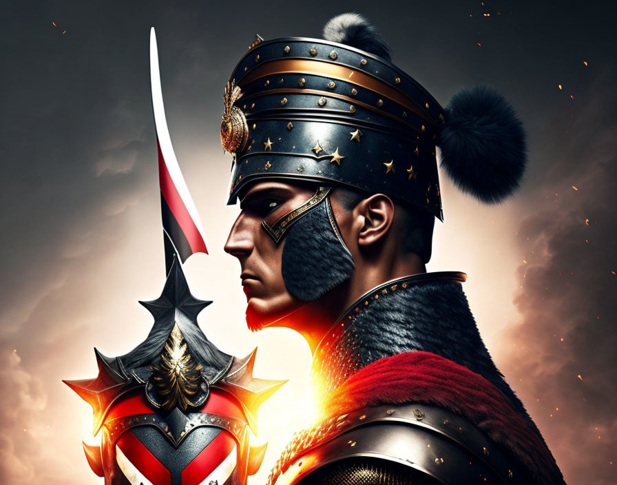 Digital artwork of stern-faced Roman warrior with plumed helmet and spear against fiery backdrop