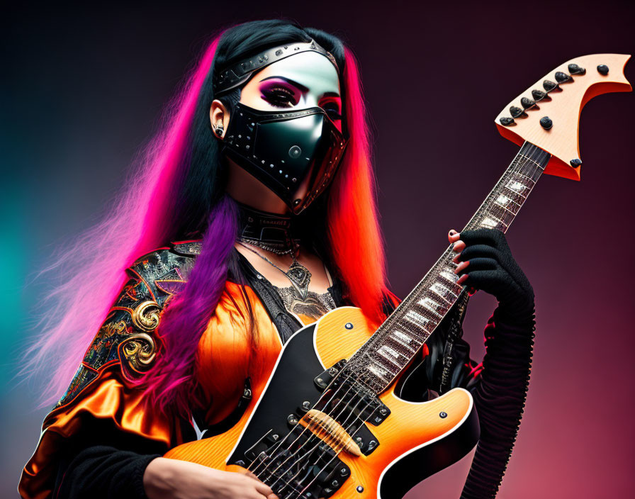 Vibrant pink and black hair person plays electric guitar with mask and dark makeup