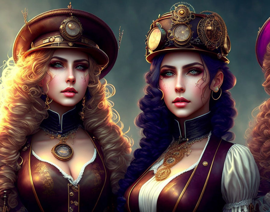 Two women in ornate steampunk hats and attire with intricate brass gears and regal purple accents