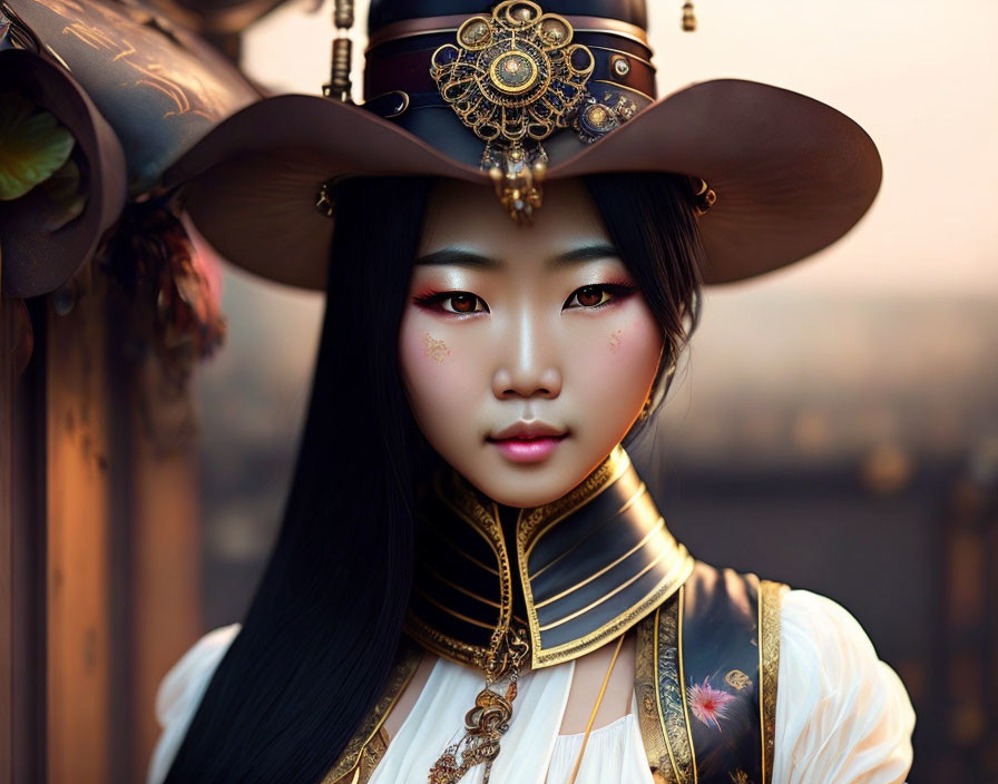 Asian Woman in Stylish Steampunk Outfit with Gold Accents