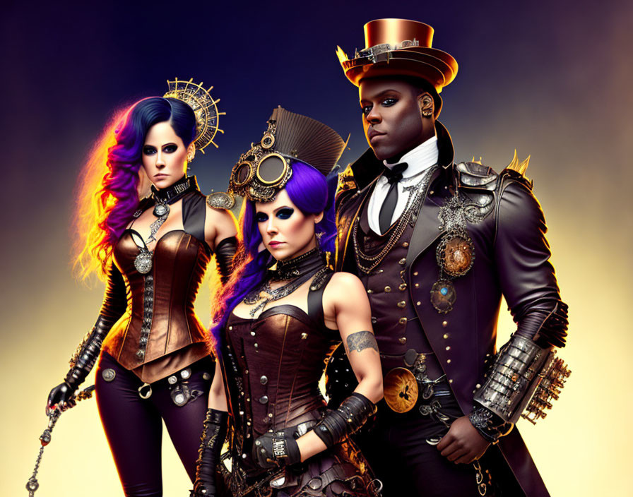 Three individuals in elaborate steampunk attire with unique hairstyles and accessories on gradient background