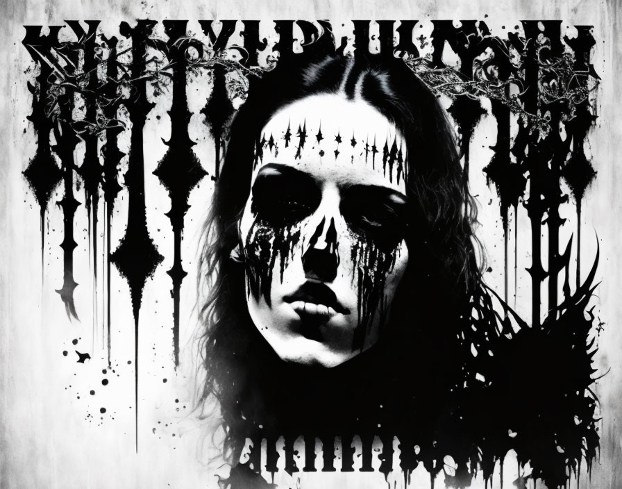 Monochrome artwork of person's face with dripping black paint and gothic lettering.