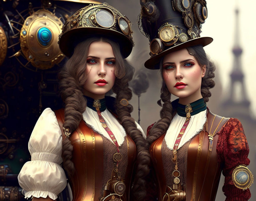 Two women in steampunk attire with elaborate hats and mechanical backdrop