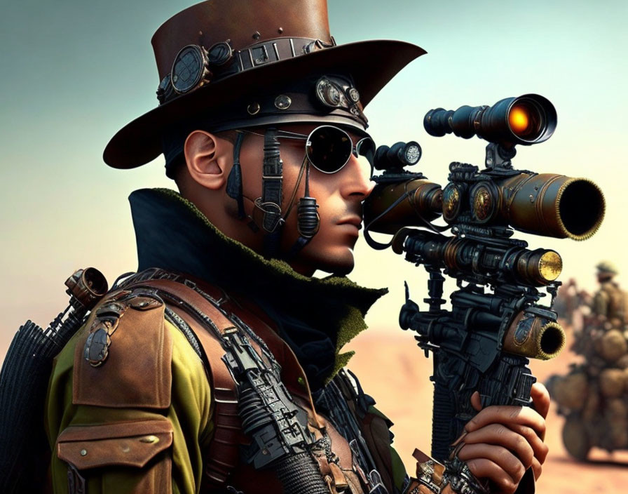 Steampunk character with top hat, goggles, and rifle in sandy environment.