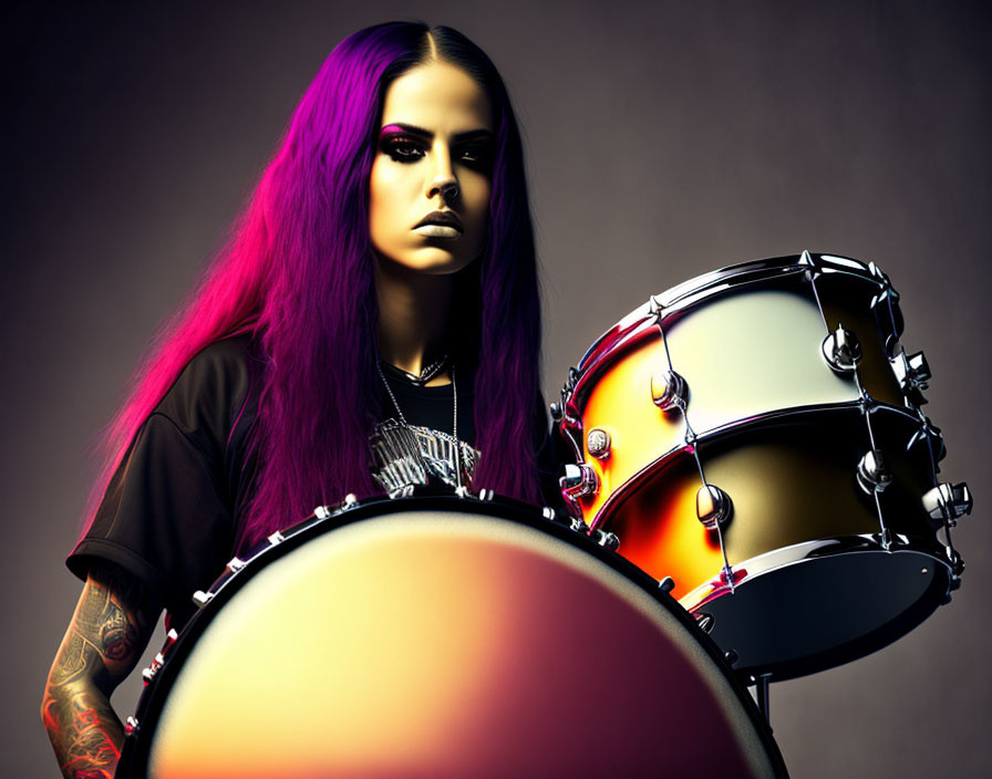 Vibrant purple hair and makeup person with drum set and tattoos on arm.