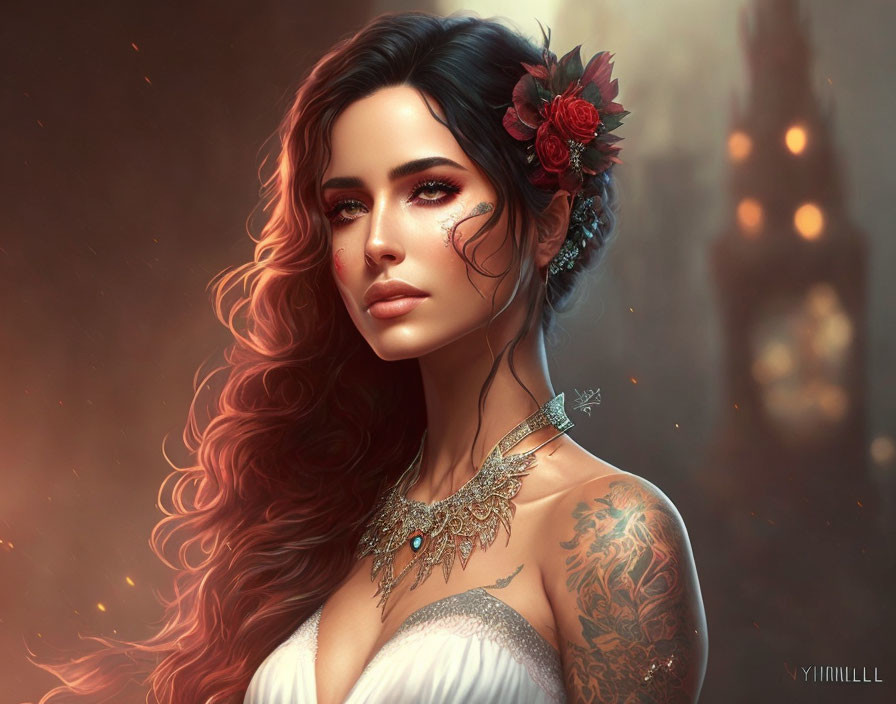 Digital portrait of woman with tattoos, floral hair, jewelry, and warm background.